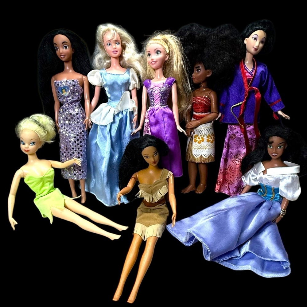 Disney Princess Dolls Misc Moana, Mulan, Tinker Bell, Jasmin etc. Set of Of 8